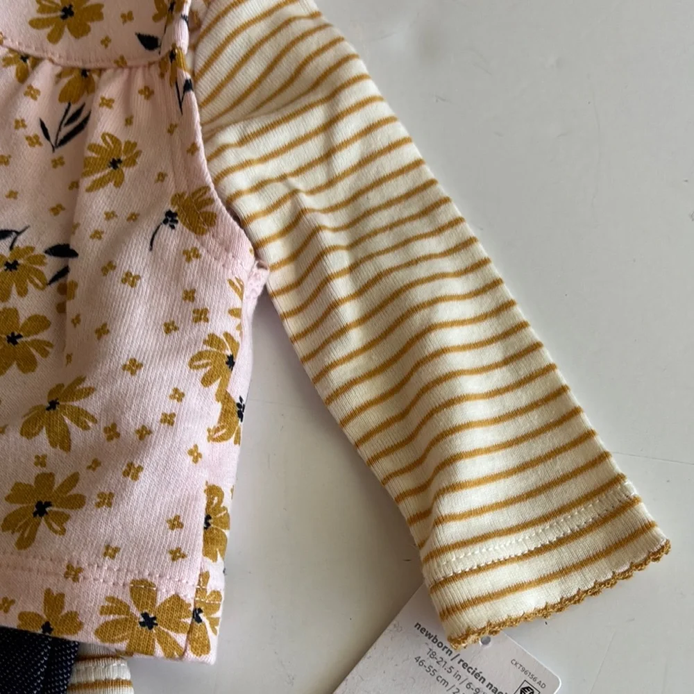 Carter’s Pink and Tan Floral Vest Striped Bodysuit and Pant Set - Picture 5 of 16